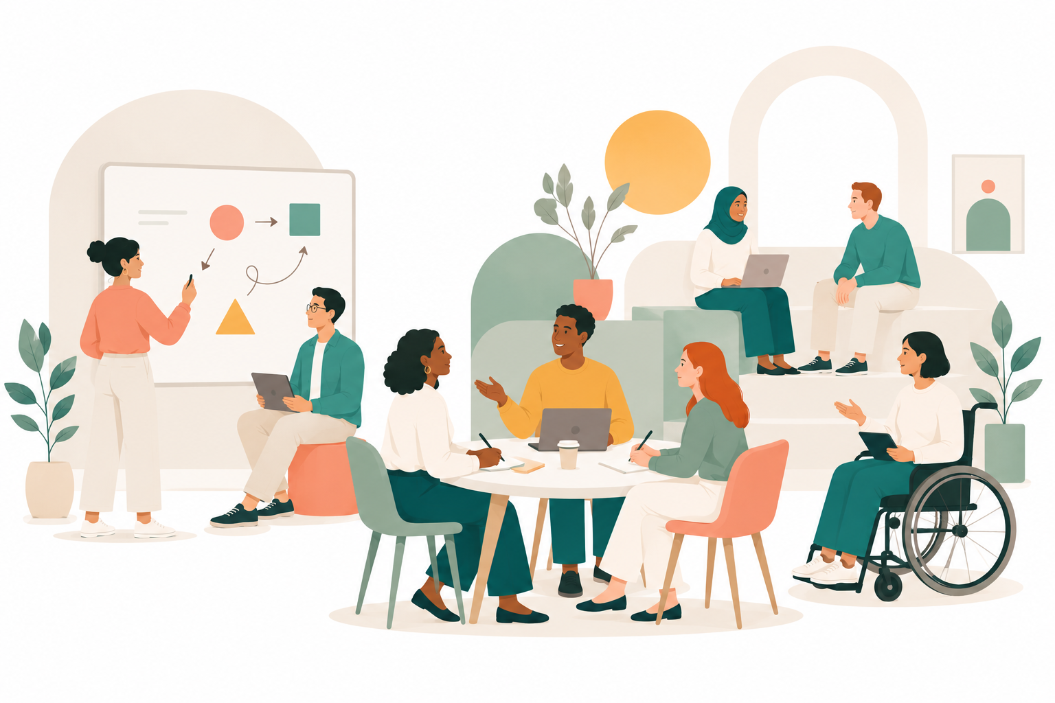 Illustration of an inclusive workplace with diverse team members collaborating